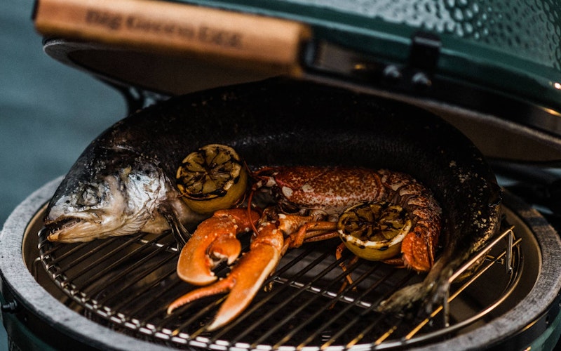 Large Big Green Egg roasting salmon