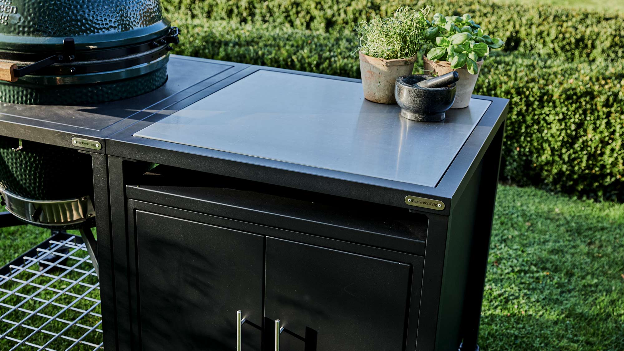 Large Big Green Egg in a Modular Nest Expansion Cabinet Stainless Steel Insert