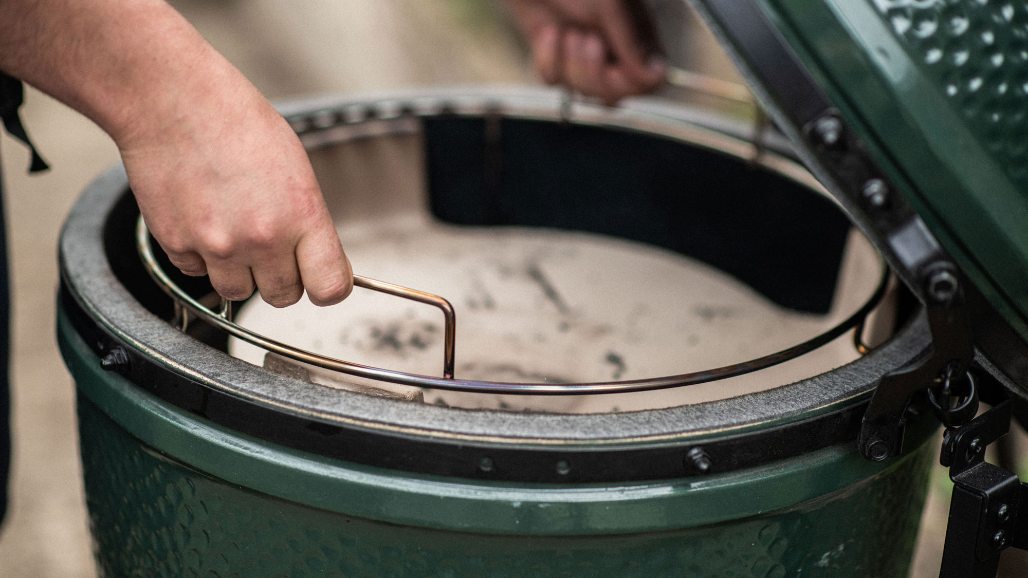 ConvEGGtor basket being put into a Large Big Green Egg
