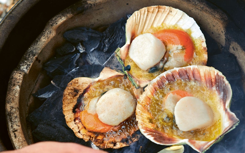 Simon Stullard, who runs the Hidden Hut in Cornwall in the UK, finishes this dish by spraying Champagne from the bottle, like a winning racing car driver, over the scallops. It’s an impressive sight and if you fancy showing off a little you could give it a try…