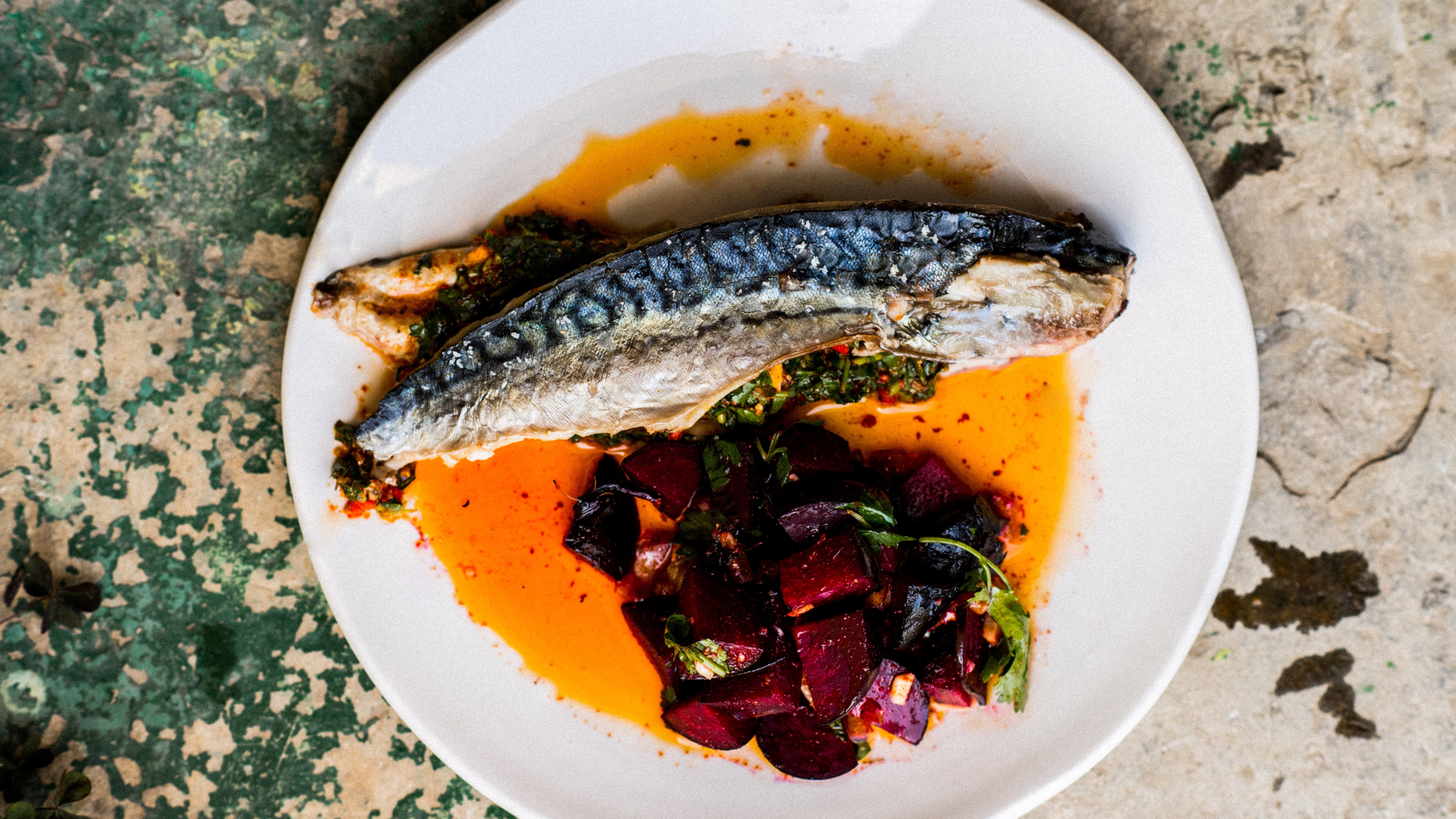 PLANK-COOKED MACKEREL WITH CHERMOULA & MOROCCAN BEETS