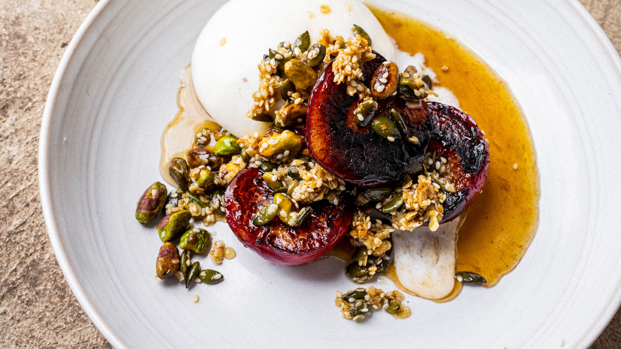 Burnt Plums with Burrata, Pine Honey & Granola | Breakfast Recipe | Big Green Egg