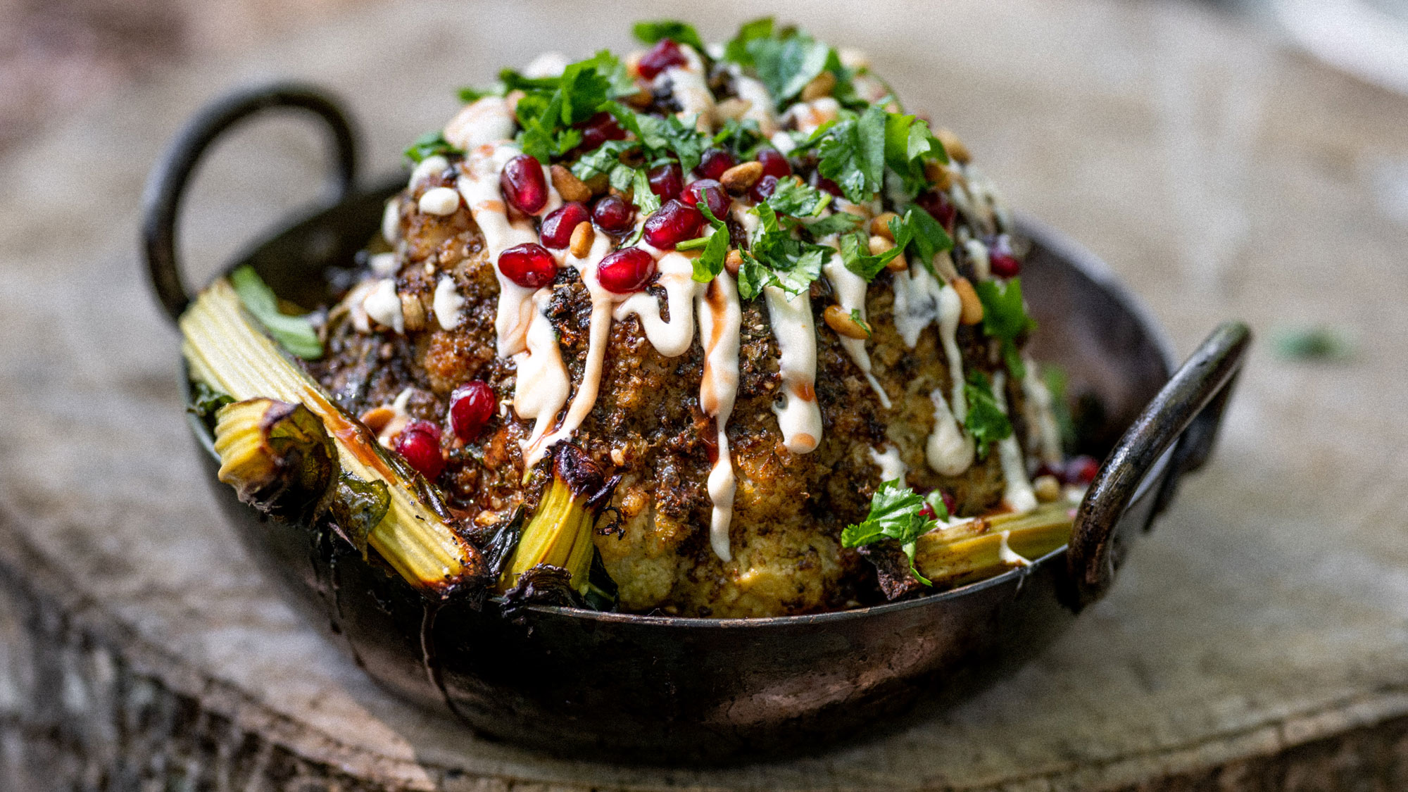 BBQ Cauliflower Shawarma, Pomegranate, Tahini & Pine Nuts | Vegetable Recipes | Roasting Recipes | Berber & Q | Big Green Egg