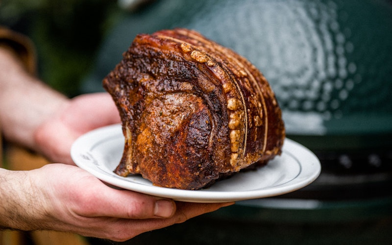 Berber-Spiced Loin of Pork, Black Garlic, Burnt Lime | Roasting recipes | Pork | Big Green Egg