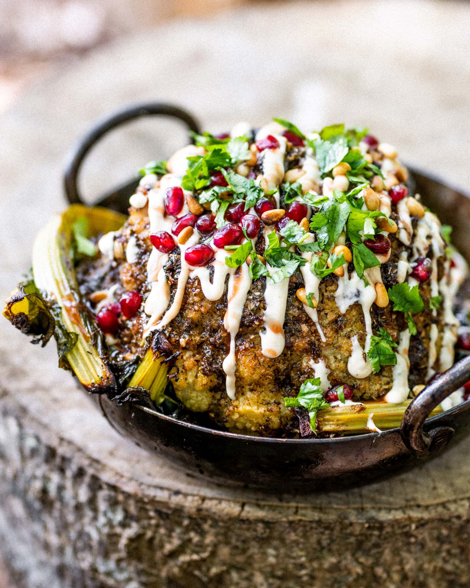 BBQ Cauliflower Shawarma, Pomegranate, Tahini & Pine Nuts | Vegetable Recipes | Roasting Recipes | Berber & Q | Big Green Egg