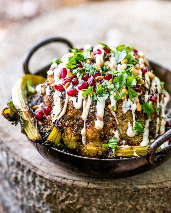 BBQ Cauliflower Shawarma, Pomegranate, Tahini & Pine Nuts | Vegetable Recipes | Roasting Recipes | Berber & Q | Big Green Egg