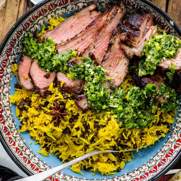 Barbecued Leg of Lamb with Green Chermoula, Garlic Yoghurt, Mejaderah & Charred Aubergine | Lamb recipe | Grilling | Big Green Egg