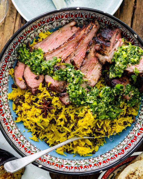 Barbecued Leg of Lamb with Green Chermoula, Garlic Yoghurt, Mejaderah & Charred Aubergine | Lamb recipe | Grilling | Big Green Egg