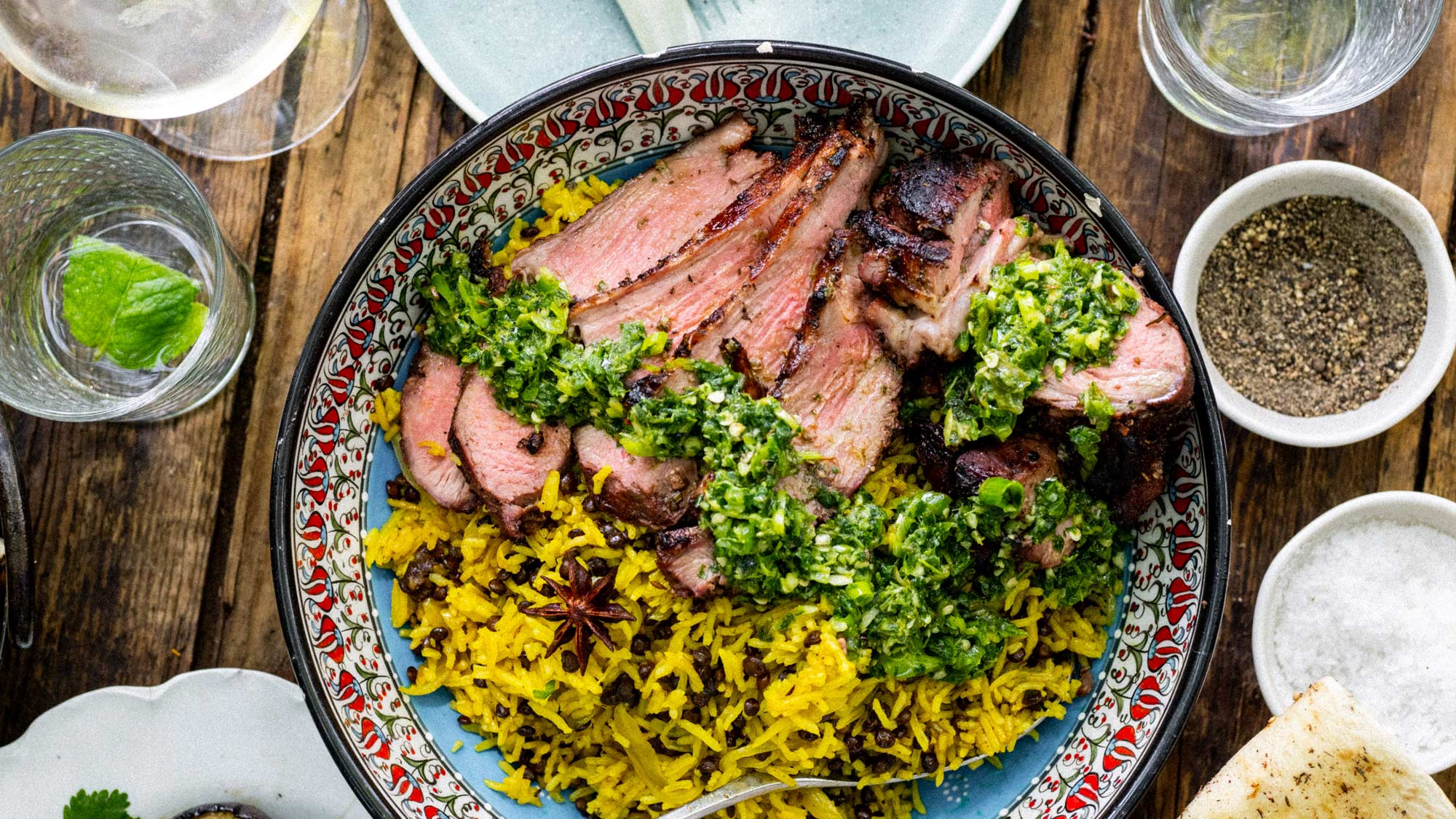 Barbecued Leg of Lamb with Green Chermoula, Garlic Yoghurt, Mejaderah & Charred Aubergine | Lamb recipe | Grilling | Big Green Egg 