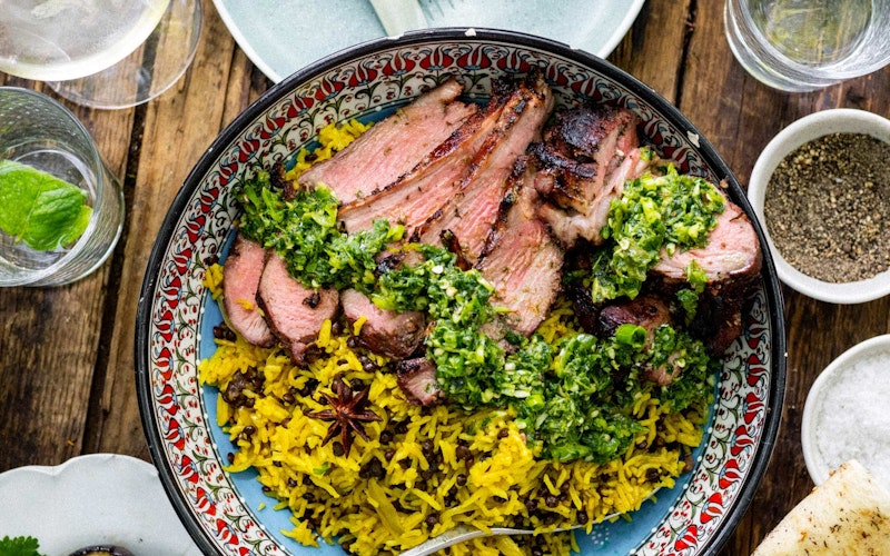 Barbecued Leg of Lamb with Green Chermoula, Garlic Yoghurt, Mejaderah & Charred Aubergine | Lamb recipe | Grilling | Big Green Egg