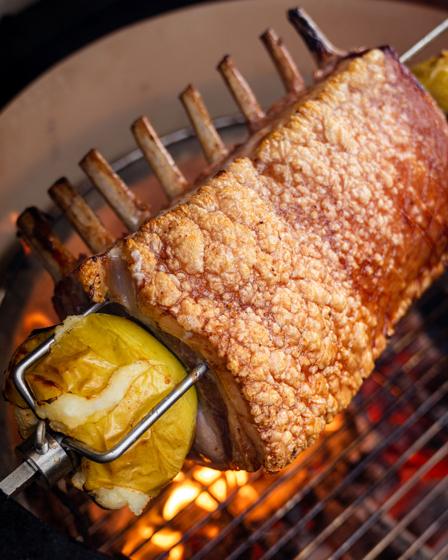 Rotisserie Pork Loin with Sticky Potatoes and Apple & Fennel Sauce | Pork recipes | Rotisserie | Big Green Egg