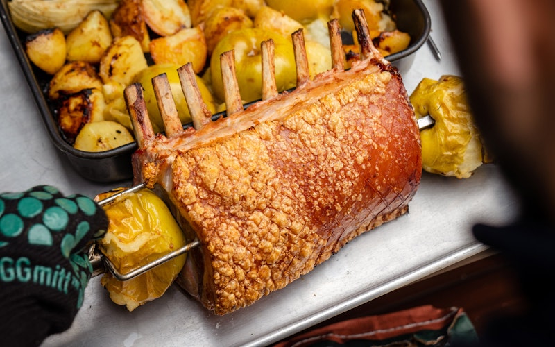 Rotisserie Pork Loin with Sticky Potatoes and Apple & Fennel Sauce | Pork recipes | Rotisserie | Big Green Egg