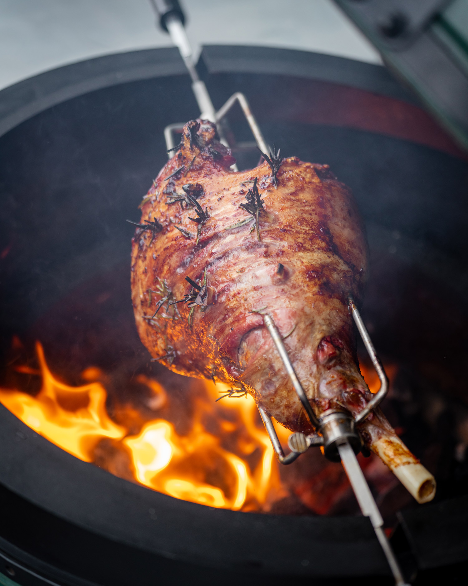 Rotisserie Leg of Lamb with Brassica Salsa Verde | Lamb recipes | Rotisserie | Recipes | Big Green Egg
