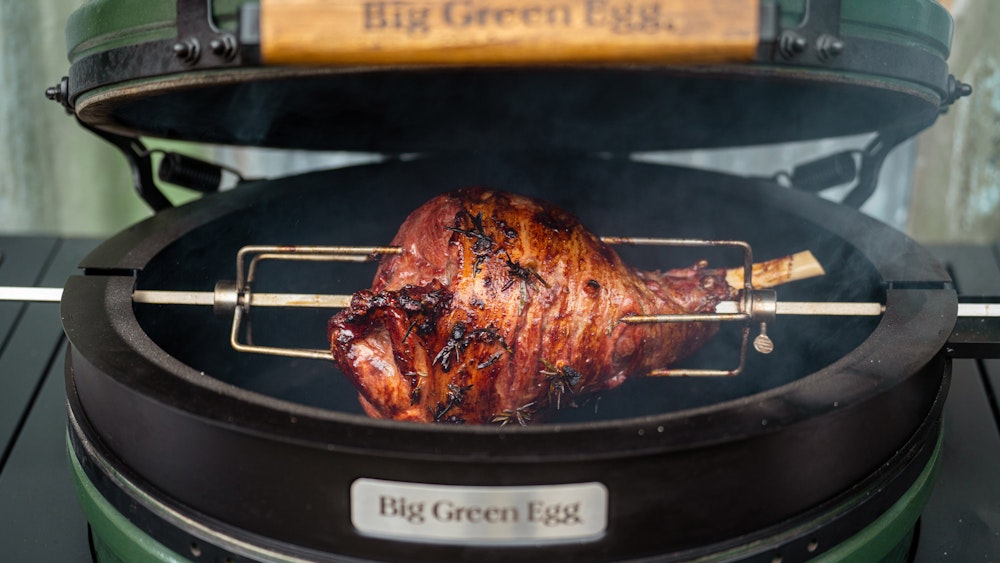 Rotisserie Leg of Lamb with Brassica Salsa Verde | Lamb recipes | Rotisserie | Recipes | Big Green Egg