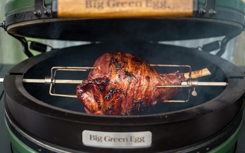Rotisserie Leg of Lamb with Brassica Salsa Verde | Lamb recipes | Rotisserie | Recipes | Big Green Egg