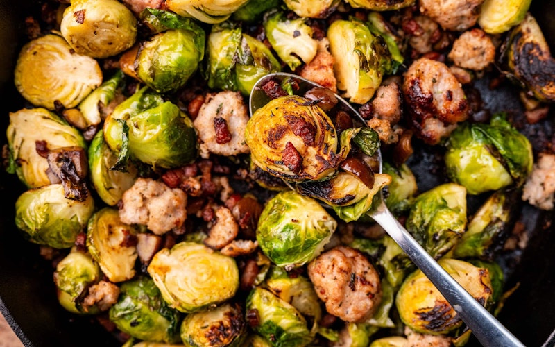 Brussel Sprouts and smashed pigs and blankets | Tom Booton Christmas | Recipes | Big Green Egg