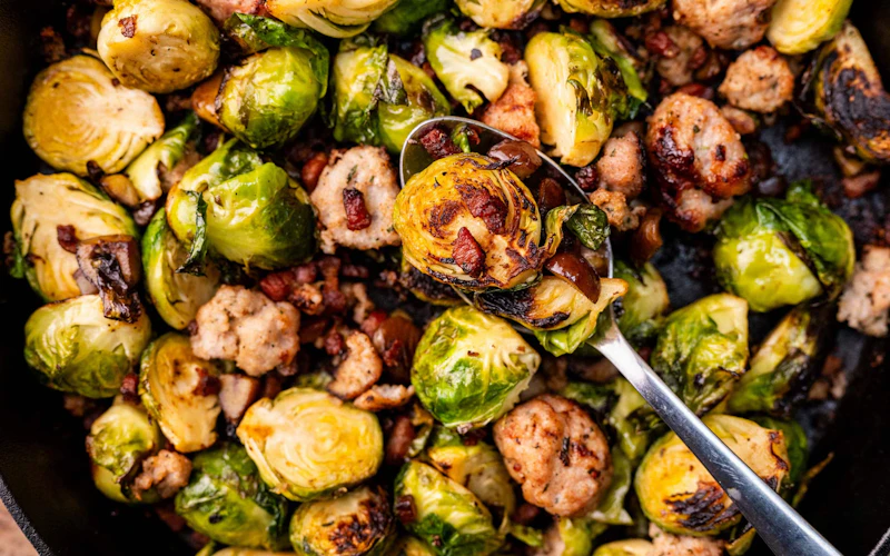 Brussel Sprouts and smashed pigs and blankets | Tom Booton Christmas | Recipes | Big Green Egg