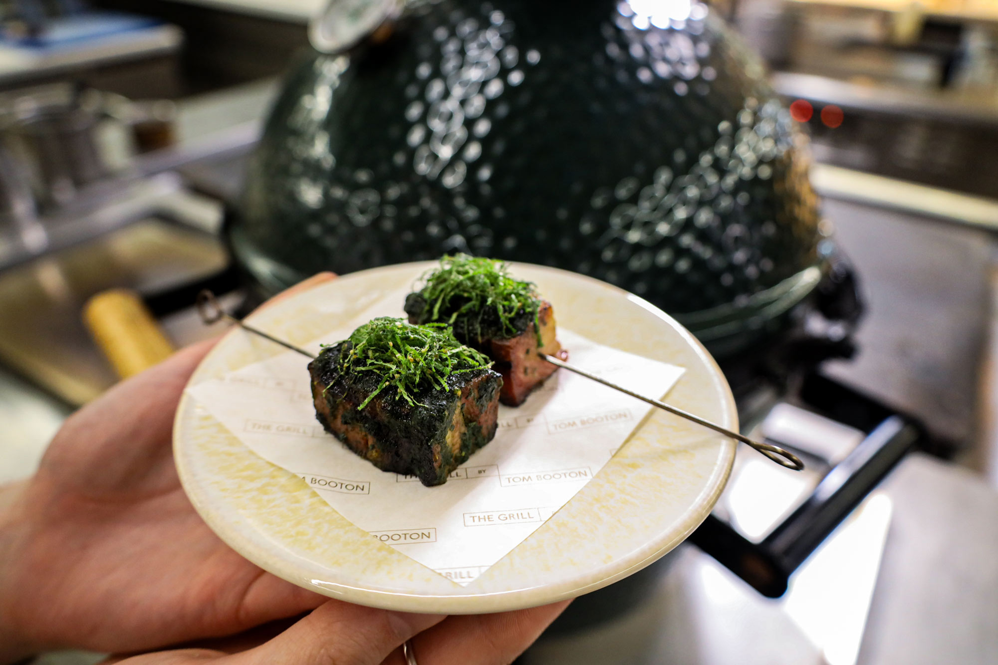 Tom Booton 50 Recipes | Lamb belly skewers with green peppercorn sauce | Big Green Egg