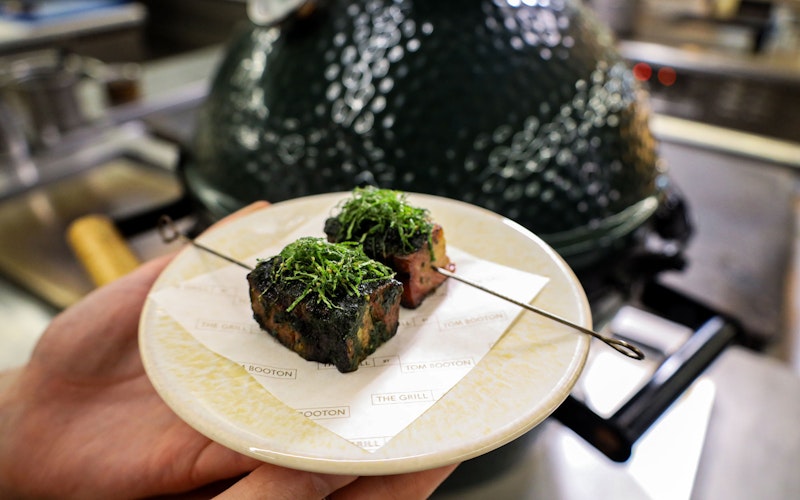 Tom Booton 50 Recipes | Lamb belly skewers with green peppercorn sauce | Big Green Egg