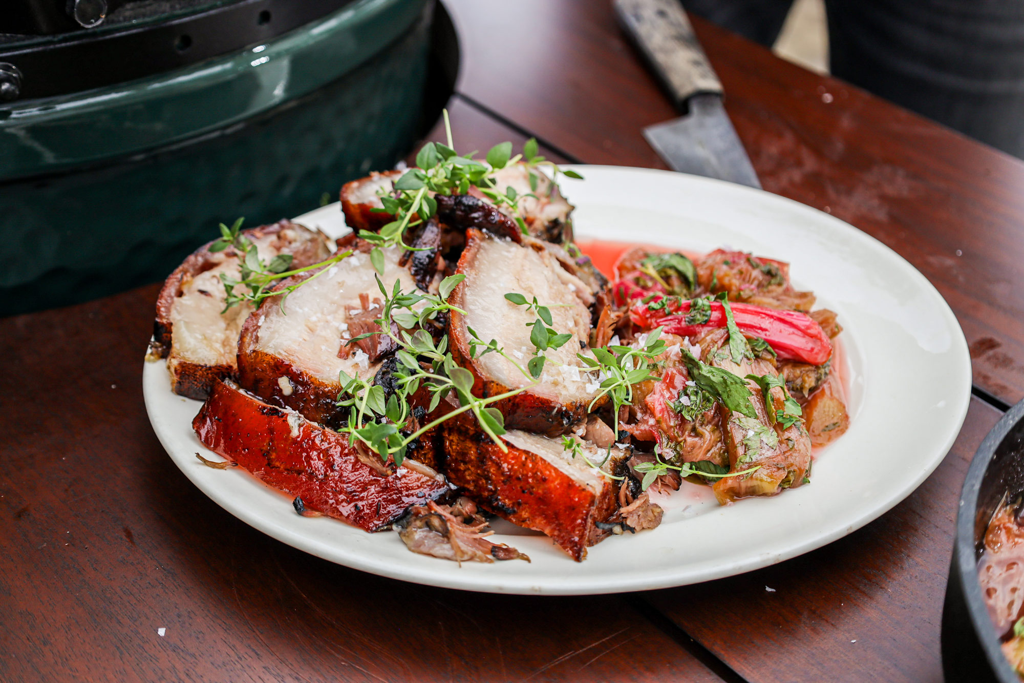 Dry-cured pig’s cheeks slow-cooked to melting tenderness and cut through with a sharp sauce of rhubarb and lovage | Gill Meller 50 Recipes | Veggie recipes | Grilling | Pan Cooking | Big Green Egg
