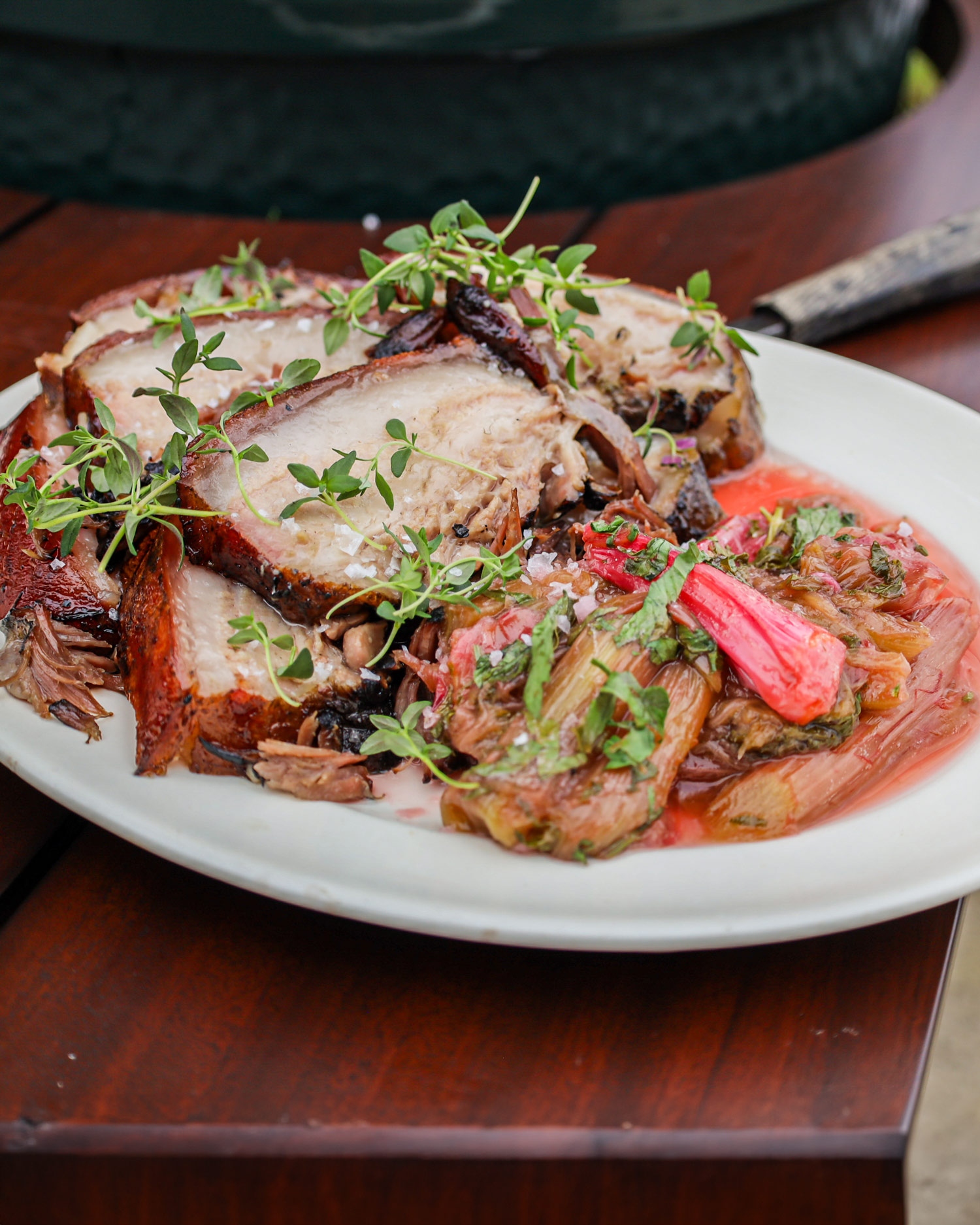 Dry-cured pig’s cheeks slow-cooked to melting tenderness and cut through with a sharp sauce of rhubarb and lovage | Gill Meller 50 Recipes | Veggie recipes | Grilling | Pan Cooking | Big Green Egg
