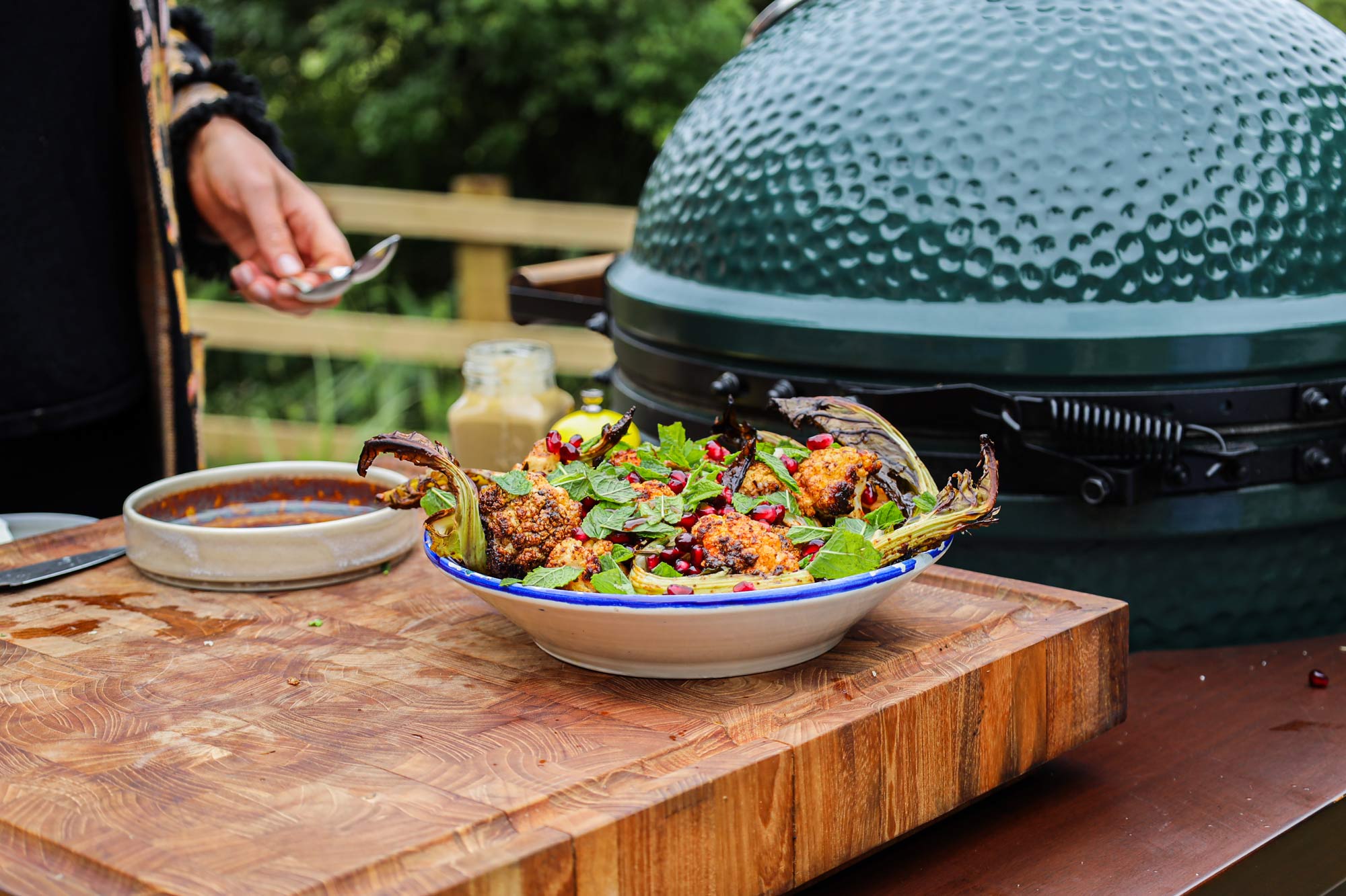 Roasted cauliflower with tahini and pomegranate | Lisa Snowdon  50 Recipes | Vegetarian | Roasting recipes | Big Green Egg