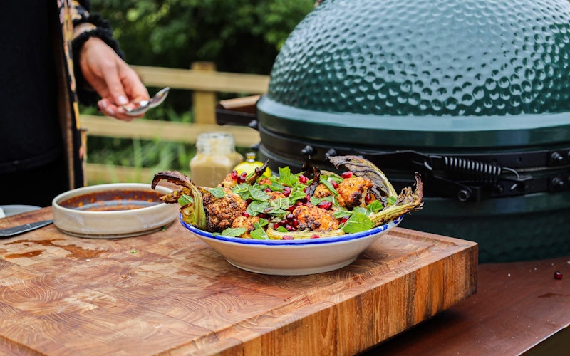 Roasted cauliflower with tahini and pomegranate | Lisa Snowdon  50 Recipes | Vegetarian | Roasting recipes | Big Green Egg