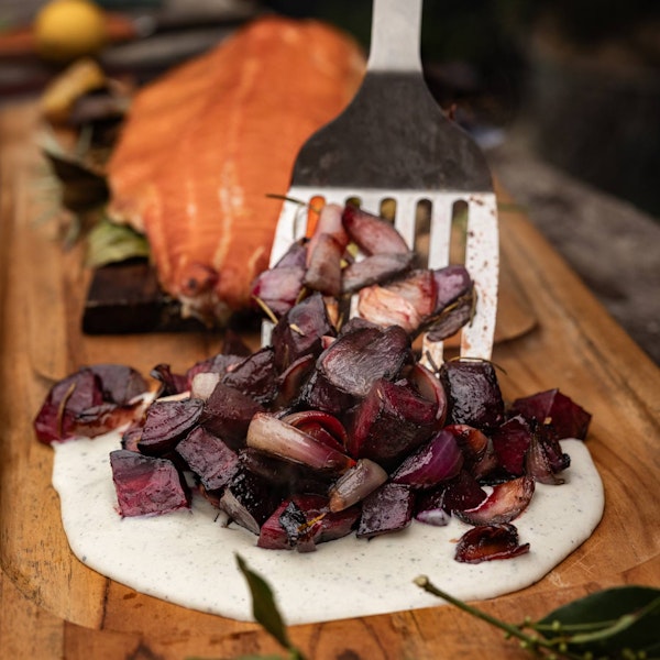 Maple-glazed salmon with roasted beetroot and whipped feta | Jim Brown | 50 Recipes | Big Green Egg