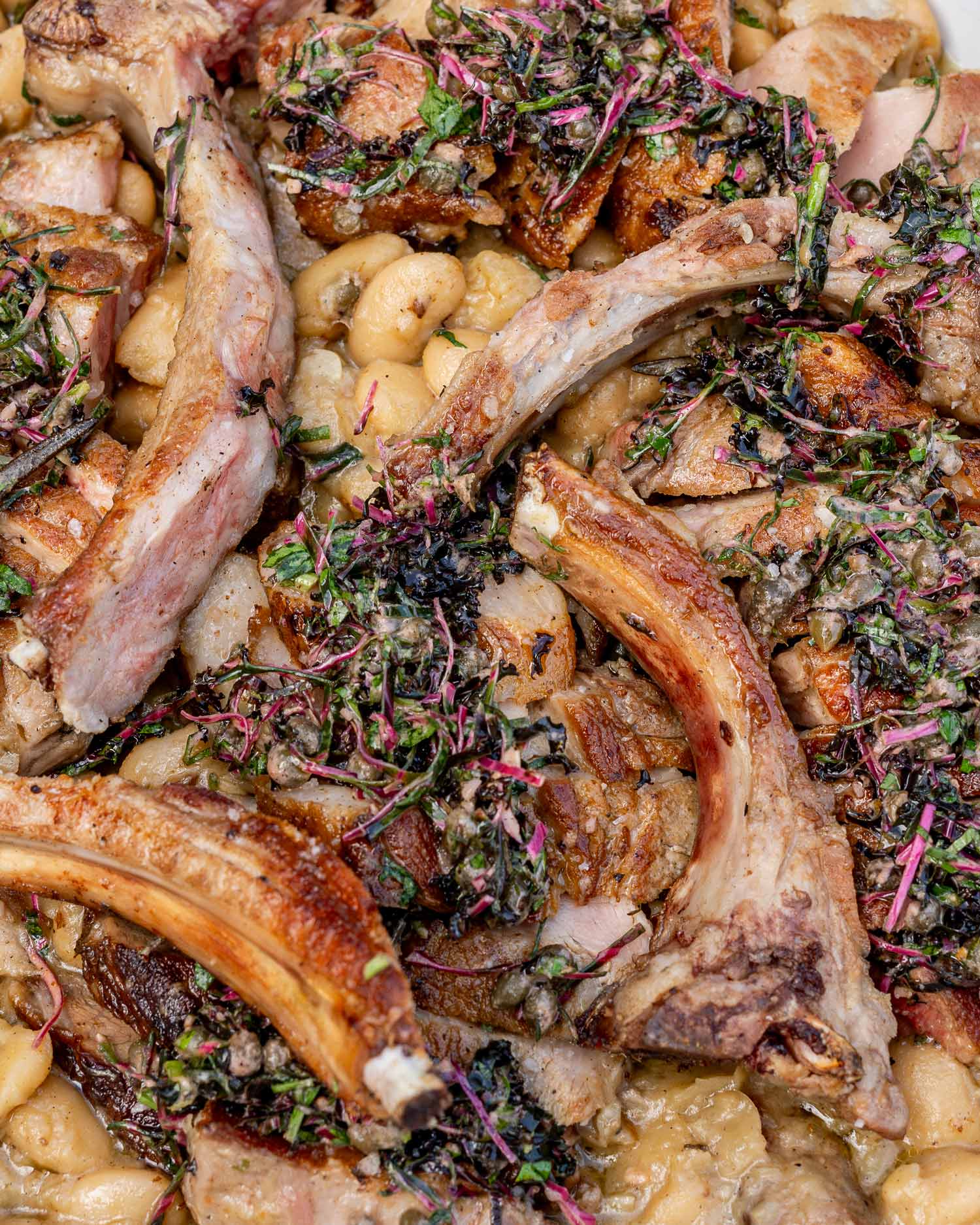Pork Chops with Braised Butter Beans and Brassica Salsa Verde | Ross Geach 50 Recipes | EGGtoberfest | Big Green Egg | Pork recipes