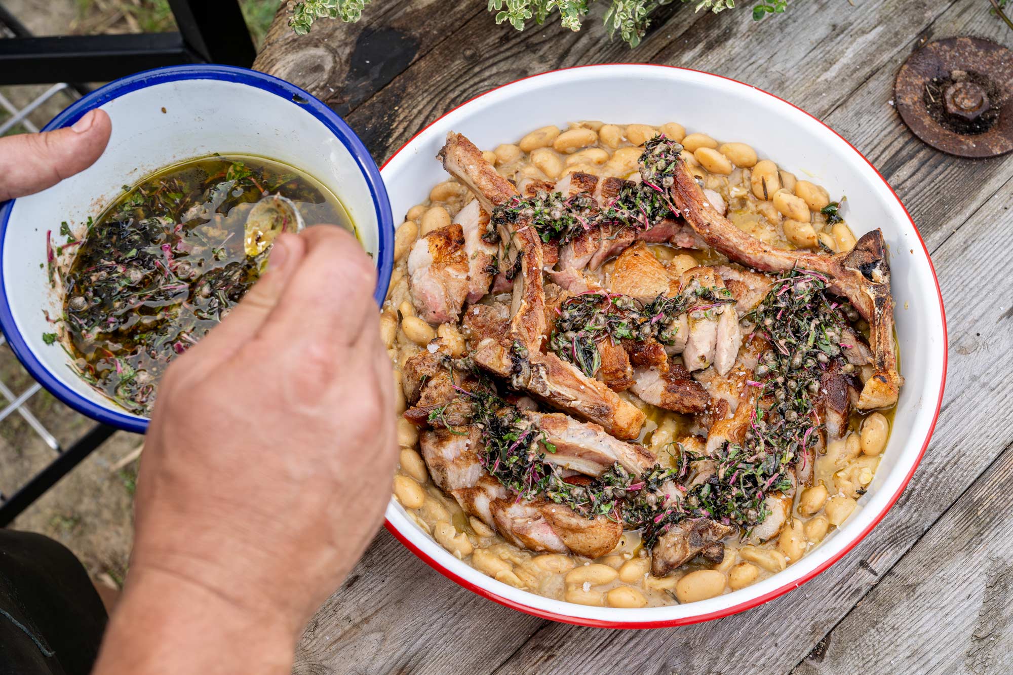 Pork Chops with Braised Butter Beans and Brassica Salsa Verde | Ross Geach 50 Recipes | EGGtoberfest | Big Green Egg | Pork recipes