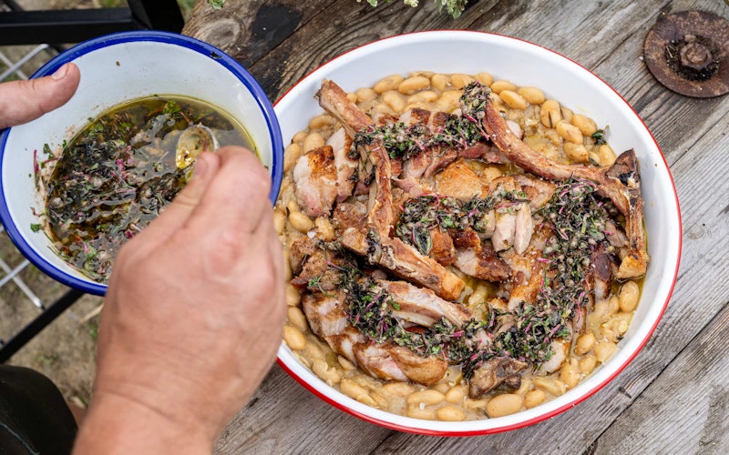 Pork Chops with Braised Butter Beans and Brassica Salsa Verde | Ross Geach 50 Recipes | EGGtoberfest | Big Green Egg | Pork recipes