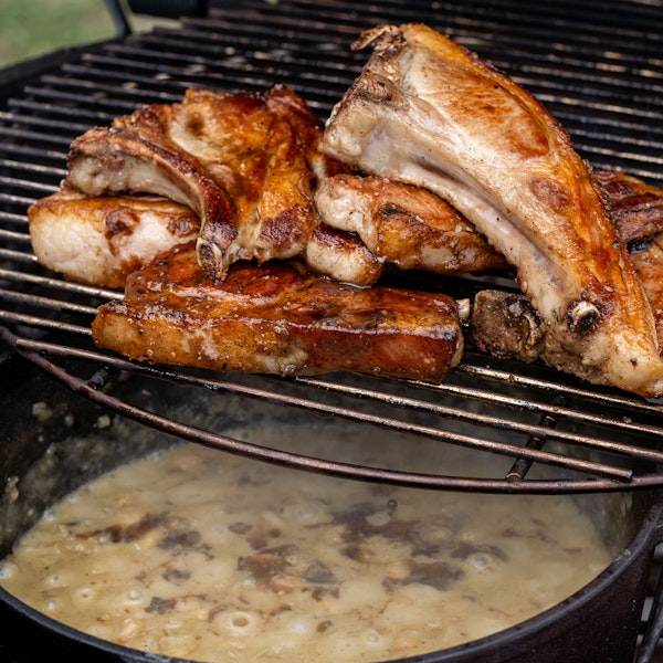 Pork Chops with Braised Butter Beans and Brassica Salsa Verde | Ross Geach 50 Recipes | EGGtoberfest | Big Green Egg | Pork recipes