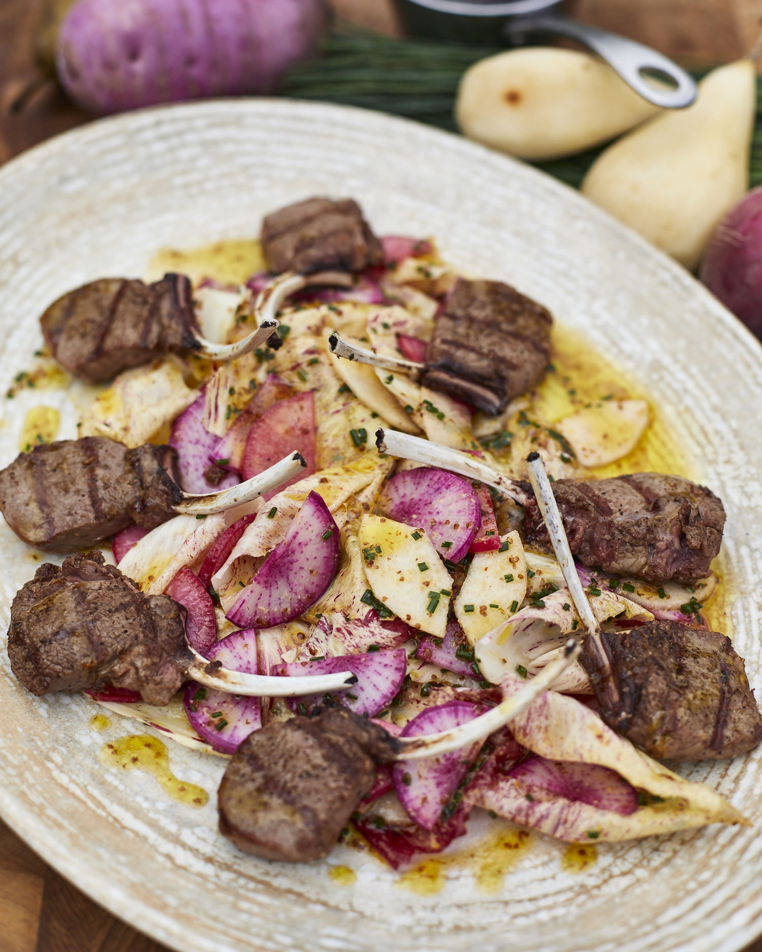 Edit Grilled Muntjac Cutlets, Pickled Walnut Ketchup, Autumn Radish and Pear Salad | Mark Kempson | 50 Recipes | Big Green Egg | Holland & Holland