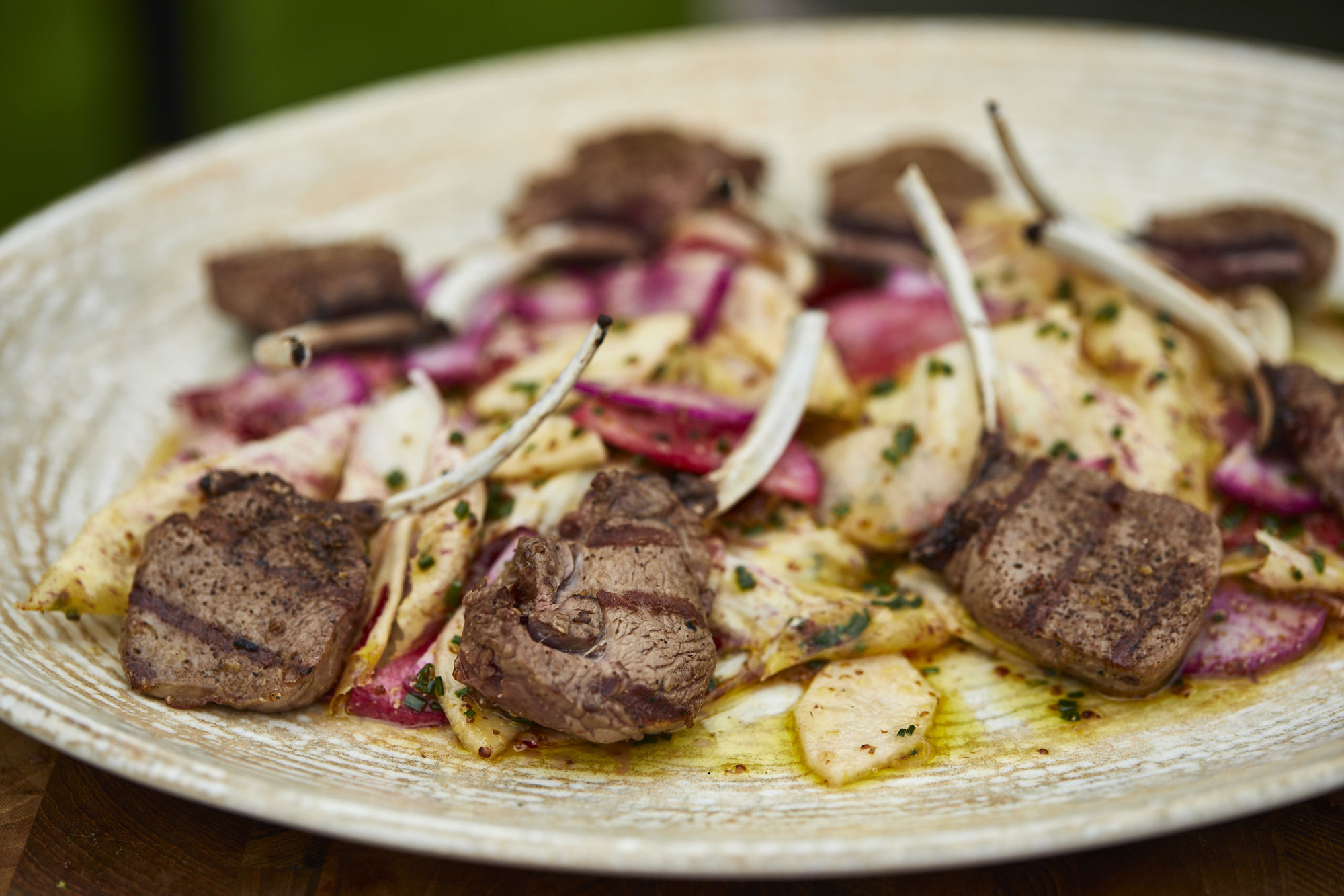 Edit Grilled Muntjac Cutlets, Pickled Walnut Ketchup, Autumn Radish and Pear Salad | Mark Kempson | 50 Recipes | Big Green Egg | Holland & Holland