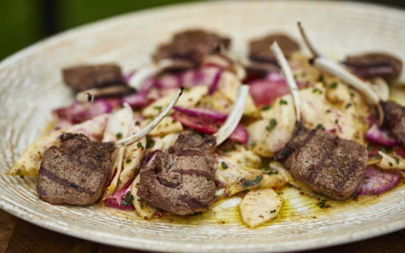 Edit Grilled Muntjac Cutlets, Pickled Walnut Ketchup, Autumn Radish and Pear Salad | Mark Kempson | 50 Recipes | Big Green Egg | Holland & Holland
