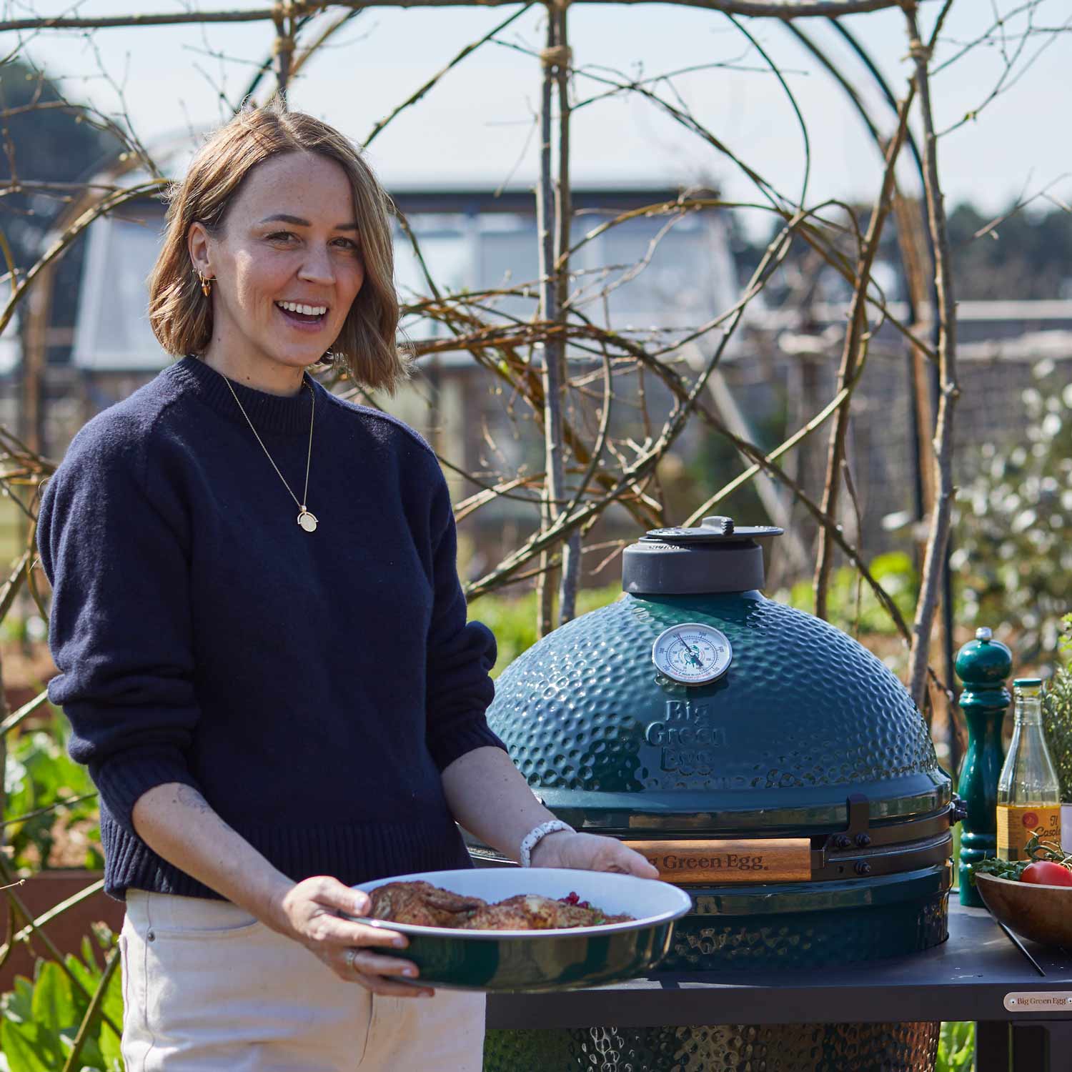 Spiced Chicken with Grilled Courgette, Mediterranean Salad and Tahini Sauce | Pollyanna Wilkinson | EGGspander System recipe | Chicken | Big Green Egg