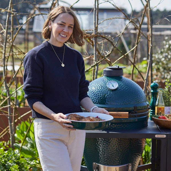Spiced Chicken with Grilled Courgette, Mediterranean Salad and Tahini Sauce | Pollyanna Wilkinson | EGGspander System recipe | Chicken | Big Green Egg