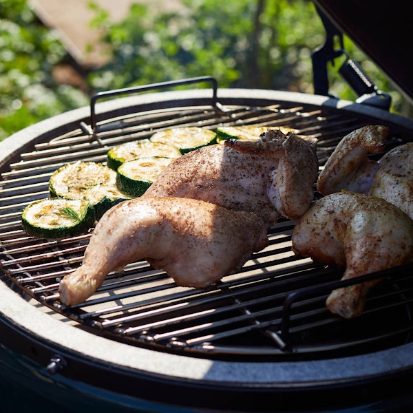Spiced Chicken with Grilled Courgette, Mediterranean Salad and Tahini Sauce | Pollyanna Wilkinson | EGGspander System recipe | Chicken | Big Green Egg