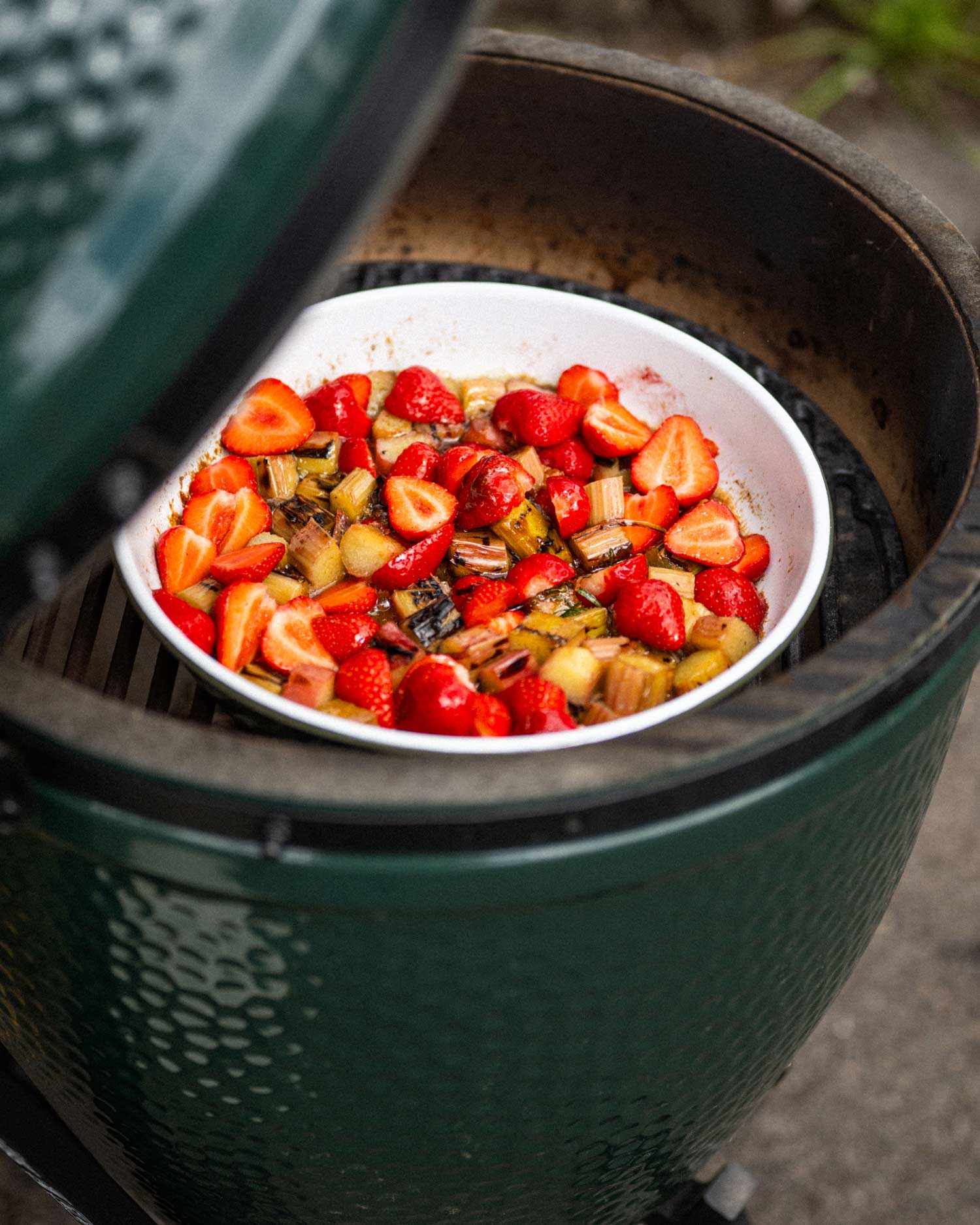 Grilled Rhubarb, Strawberry and Rosemary Upside Down Cake | Chantelle Nicholson | Falcon Enamelware | baking | Big Green Egg Recipes