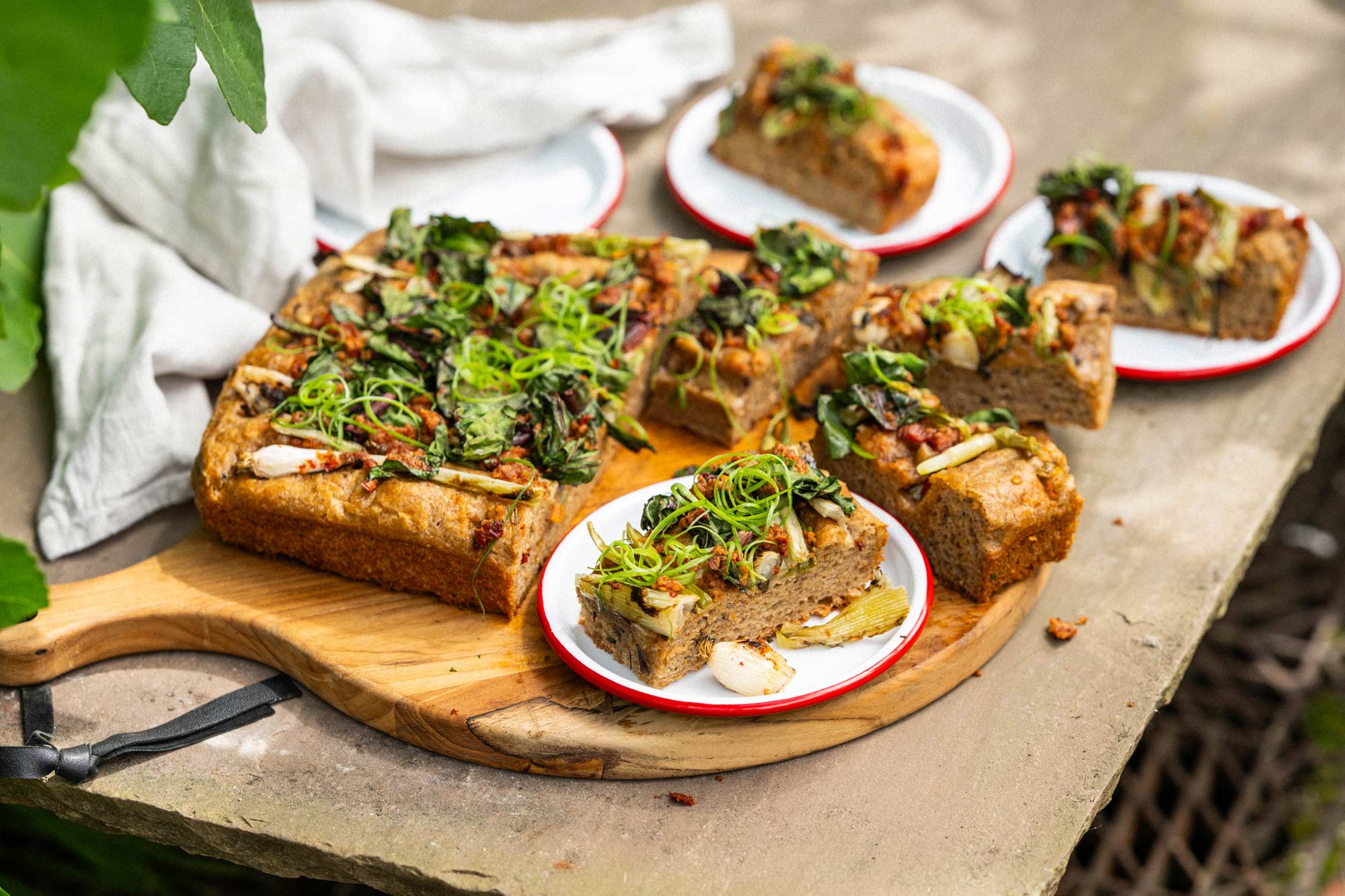 Roasted Spring Onion, Chard and Nduja Focaccia | Chantelle Nicholson | Falcon Enamelware | baking | Big Green Egg Recipes