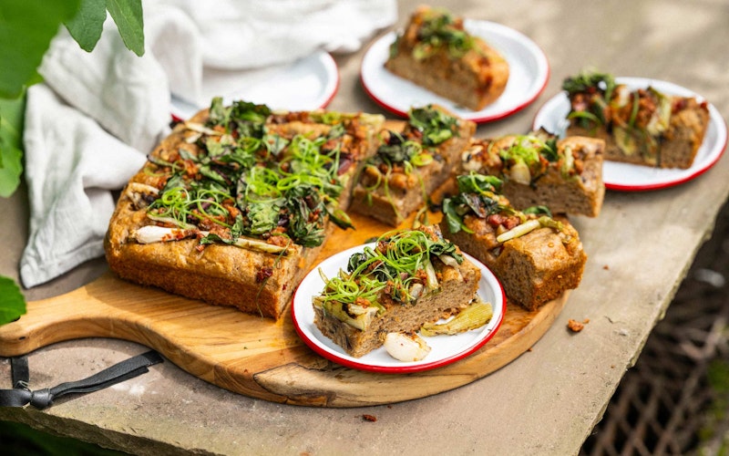 Roasted Spring Onion, Chard and Nduja Focaccia | Chantelle Nicholson | Falcon Enamelware | baking | Big Green Egg Recipes