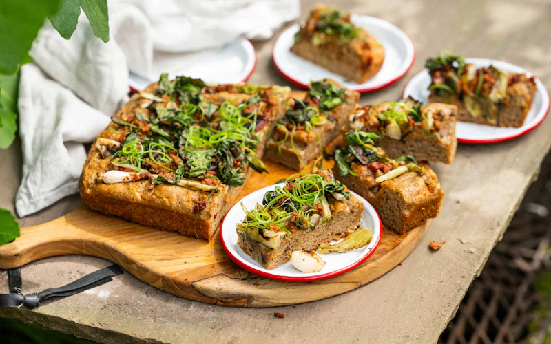 Roasted Spring Onion, Chard and Nduja Focaccia | Chantelle Nicholson | Falcon Enamelware | baking | Big Green Egg Recipes