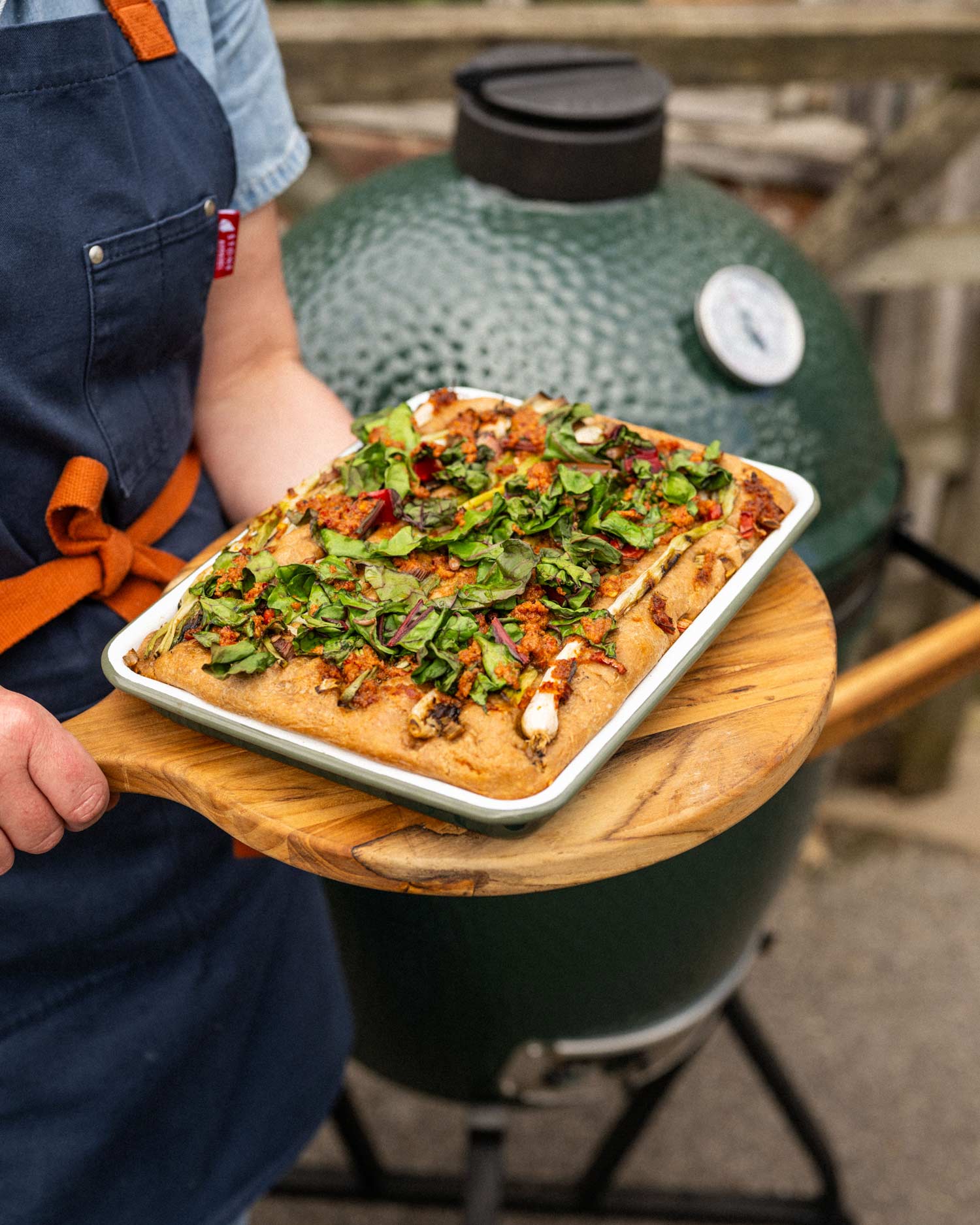 Roasted Spring Onion, Chard and Nduja Focaccia | Chantelle Nicholson | Falcon Enamelware | baking | Big Green Egg Recipes