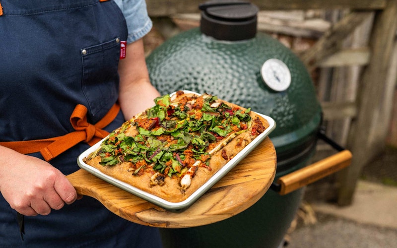 Roasted Spring Onion, Chard and Nduja Focaccia | Chantelle Nicholson | Falcon Enamelware | baking | Big Green Egg Recipes