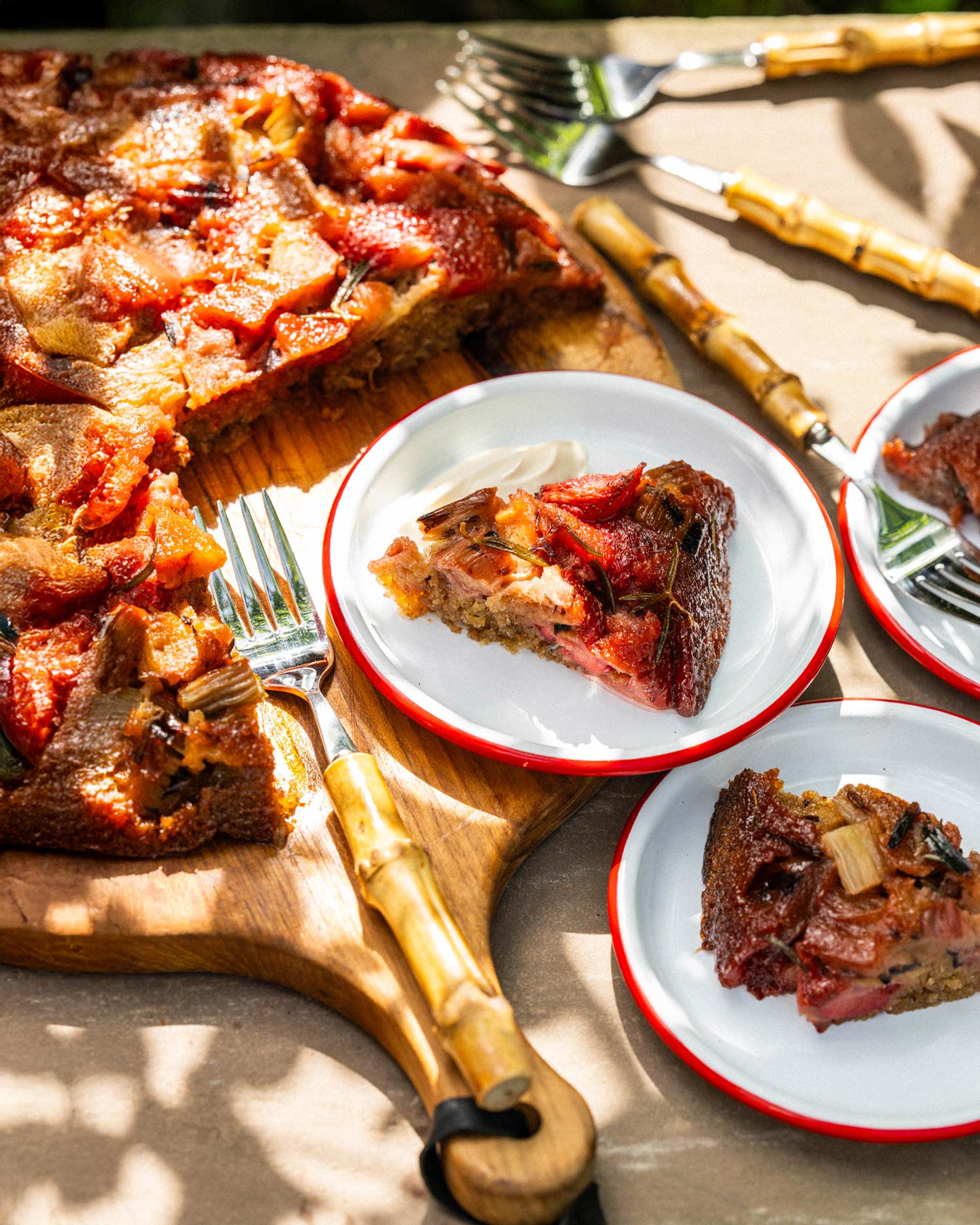 Grilled Rhubarb, Strawberry and Rosemary Upside Down Cake | Chantelle Nicholson | Falcon Enamelware | baking | Big Green Egg Recipes