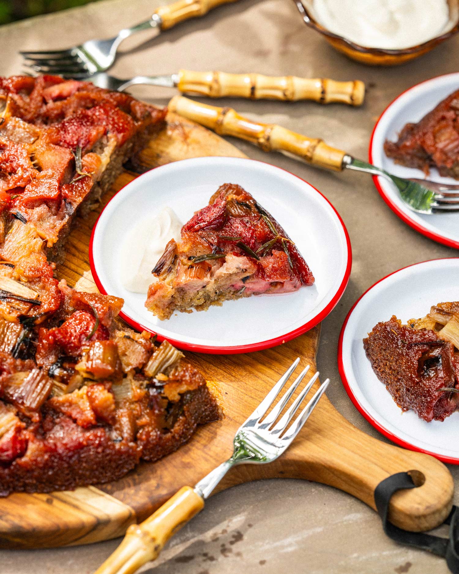 Grilled Rhubarb, Strawberry and Rosemary Upside Down Cake | Chantelle Nicholson | Falcon Enamelware | baking | Big Green Egg Recipes