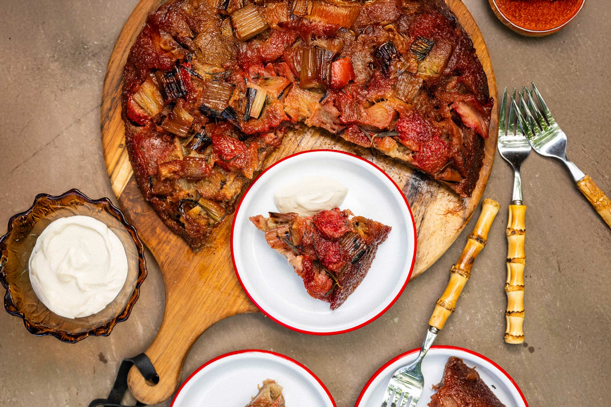 Grilled Rhubarb, Strawberry and Rosemary Upside Down Cake | Chantelle Nicholson | Falcon Enamelware | baking | Big Green Egg Recipes