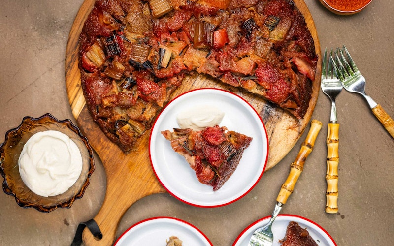 Grilled Rhubarb, Strawberry and Rosemary Upside Down Cake | Chantelle Nicholson | Falcon Enamelware | baking | Big Green Egg Recipes