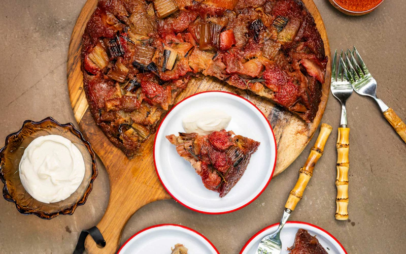 Grilled Rhubarb, Strawberry and Rosemary Upside Down Cake | Chantelle Nicholson | Falcon Enamelware | baking | Big Green Egg Recipes