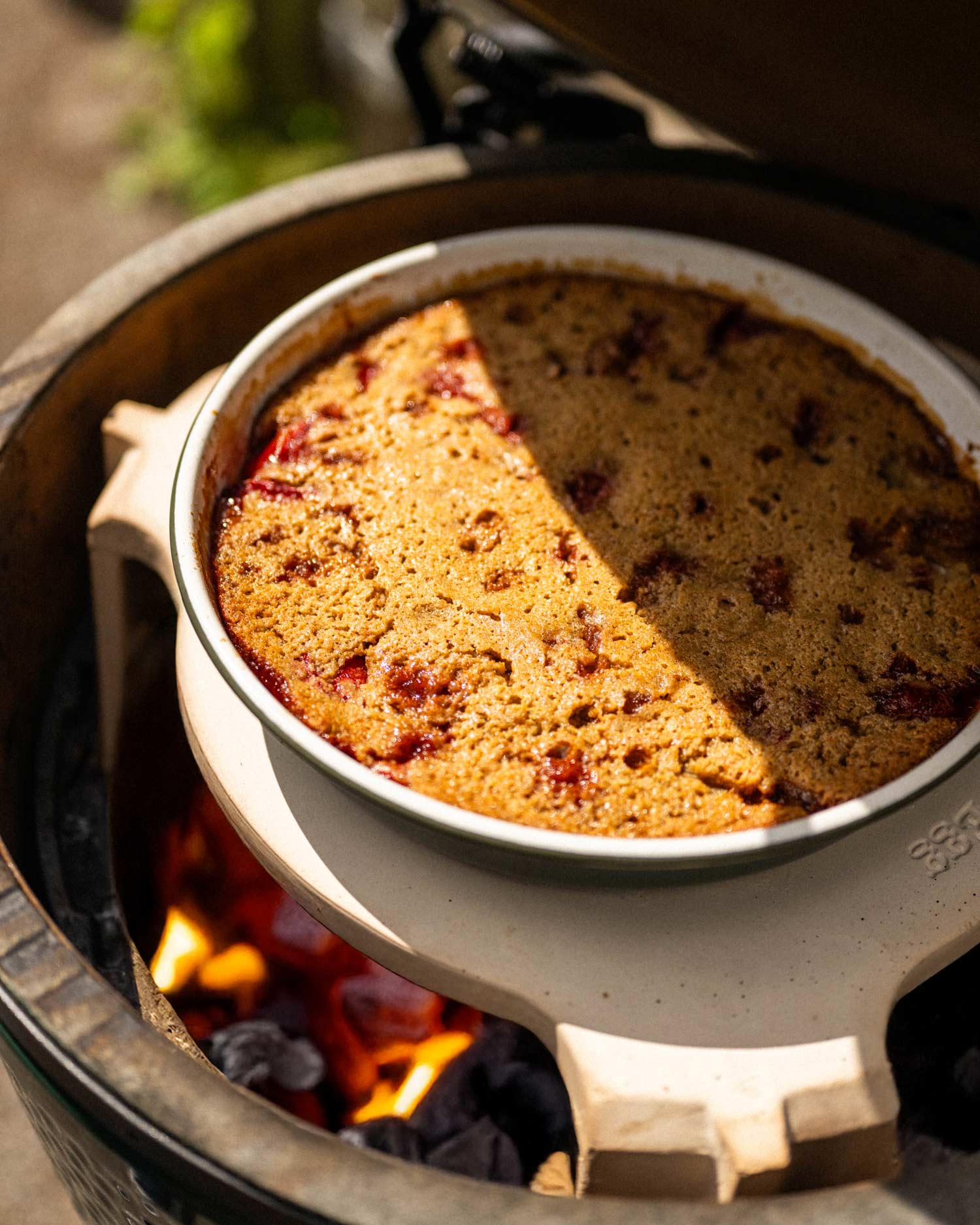 Grilled Rhubarb, Strawberry and Rosemary Upside Down Cake | Chantelle Nicholson | Falcon Enamelware | baking | Big Green Egg Recipes
